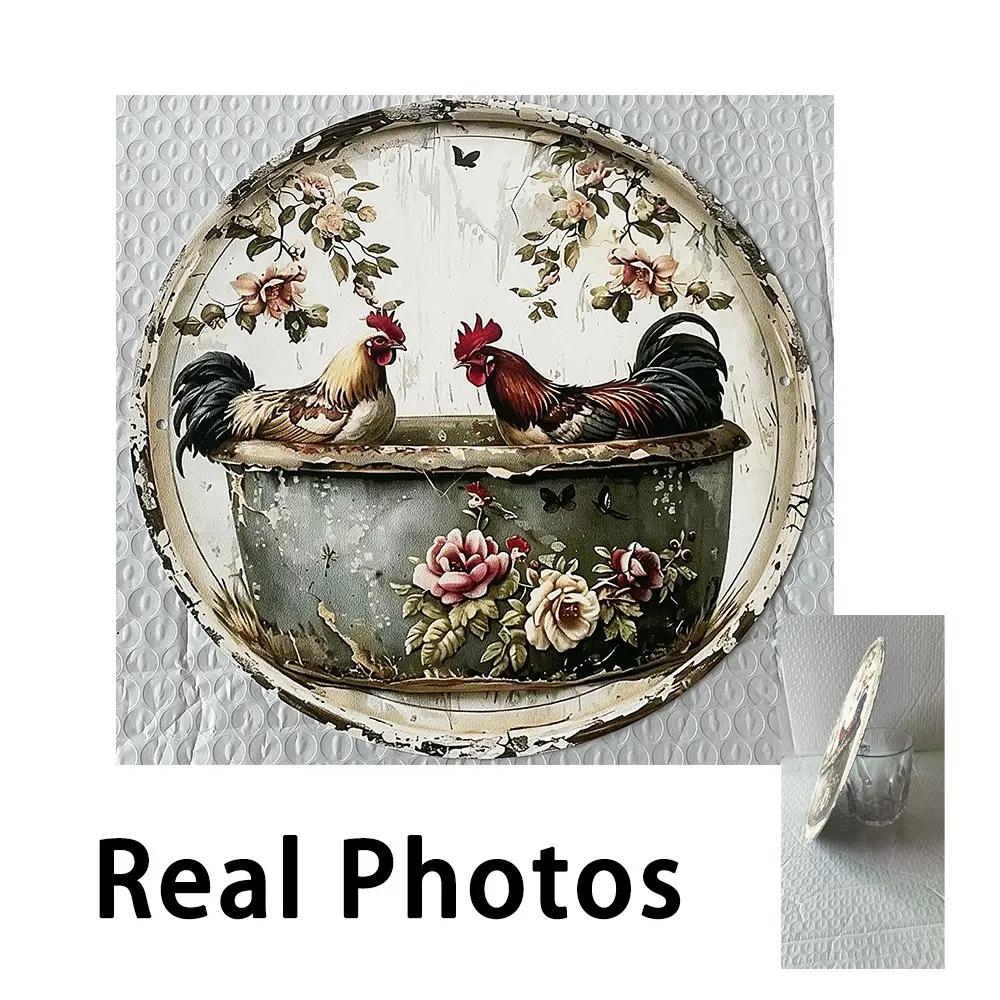 Vintage Chicken Theme Round Sign, Rustic Aluminum Metal Wall Decor, Home, Coffee Shop, Apartment Bathroom Decoration