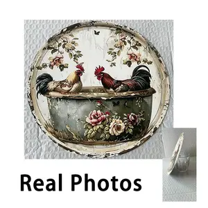 Vintage Chicken Theme Round Sign, Rustic Aluminum Metal Wall Decor, Home, Coffee Shop, Apartment Bathroom Decoration