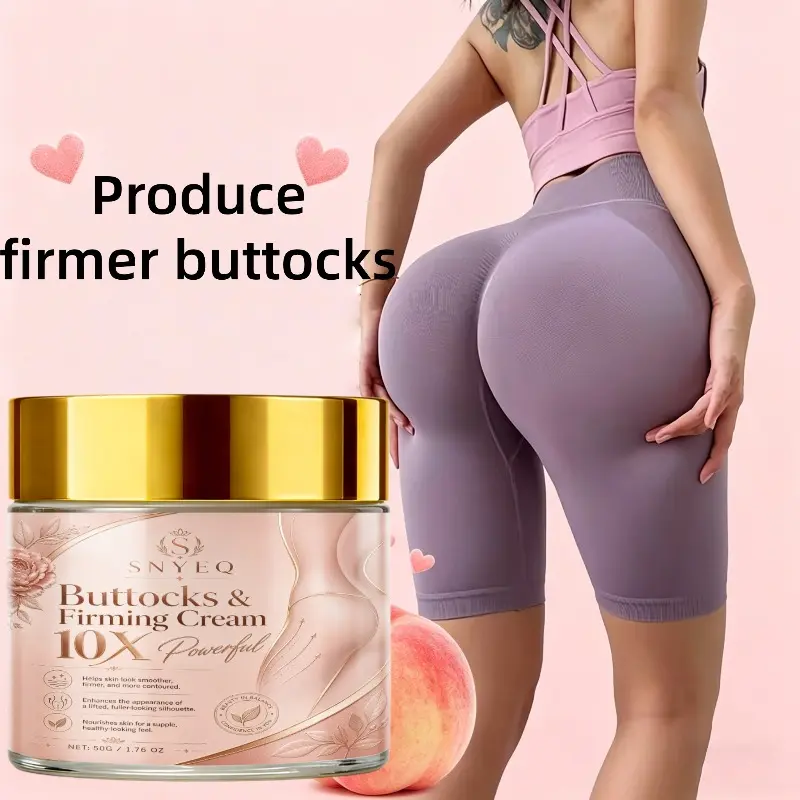 Instant Butt Lifting Cream with Vitamin E, Vitamin C & Caffeine. Light beige universal firming gel moisturizes and shapes for plump peach hip curves, summer scented body contour care.