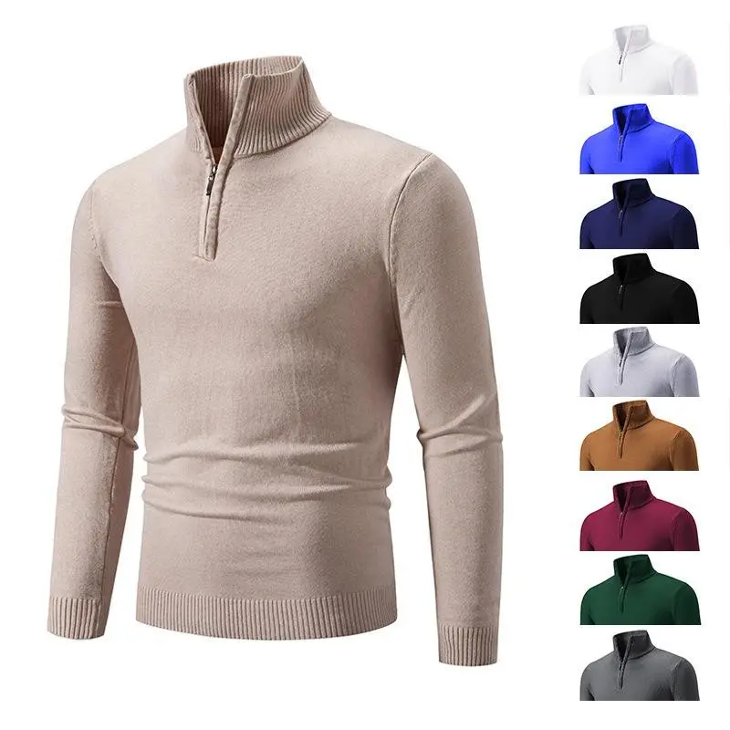 Autumn Winter Fleece Lined Men's Plus Size Zipper Half Turtleneck Pullover Sweater Long Sleeve Knitted Sweater Knitwear Menswear