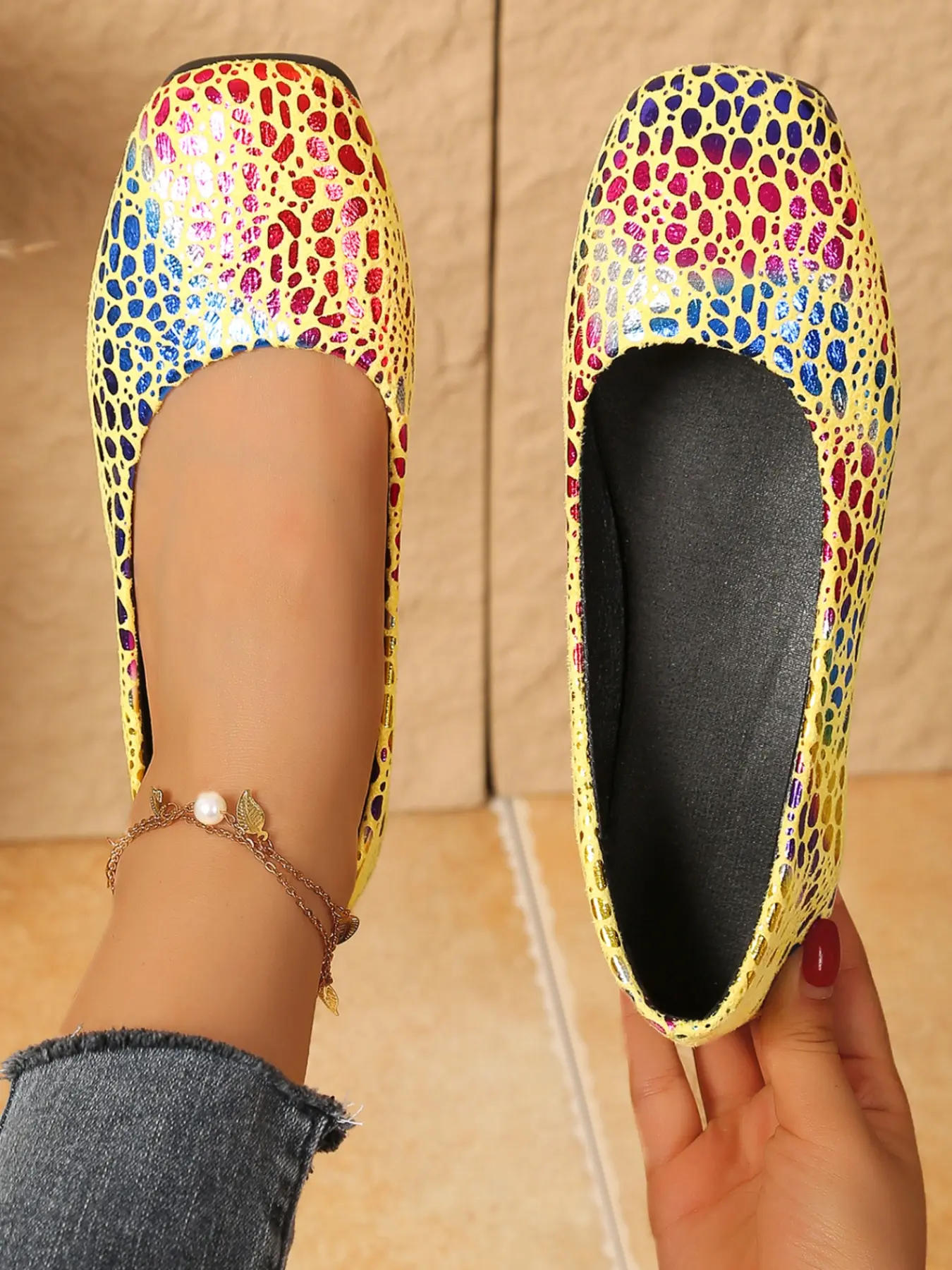 Multicolor Irregular Spot Metallic Print Square Toe Flat Ballet Flats for Women, Slip On Lightweight Casual Footwear