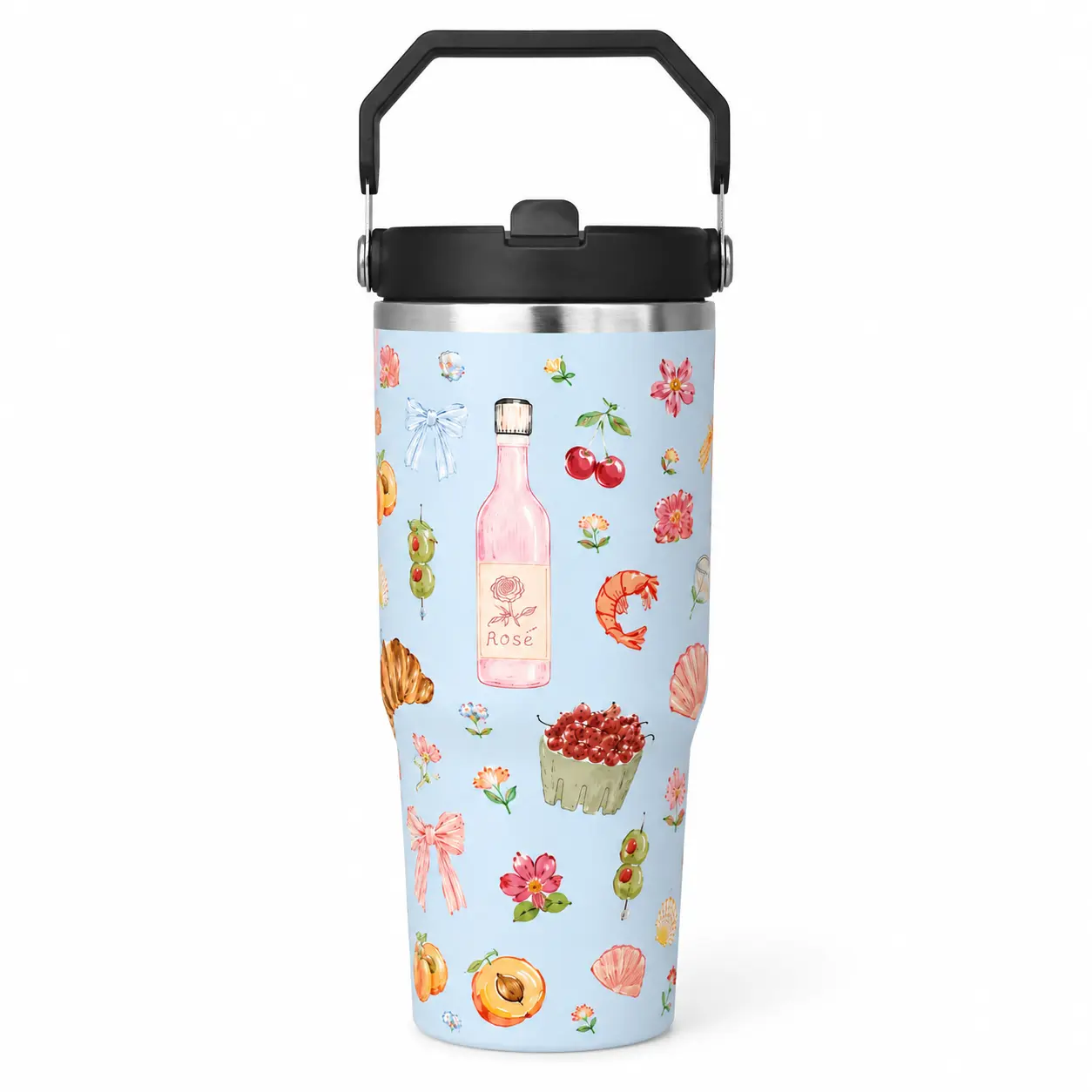 30oz Stainless Steel Insulated Tumbler - Rosé Berry Art Water Bottle with Carry Handle, Straw Lid, Ice Cubes Compatibility, Emotional Support Gift for Women, Portable Kitchenware