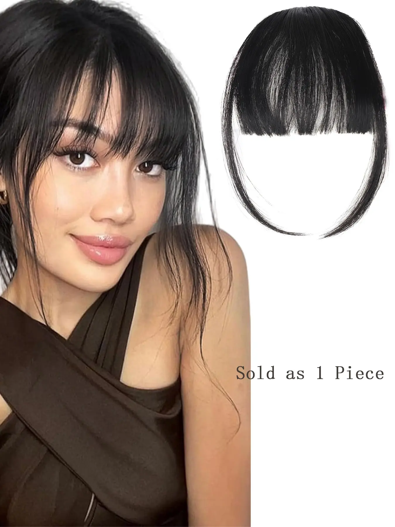 Women's Air Bangs — Lightweight clip-in fake bangs wig piece. Features sideburns, seamless invisible straight bangs for the forehead, made of heat-resistant fiber with a clip-on design. Synthetic Fiber Hairpieces