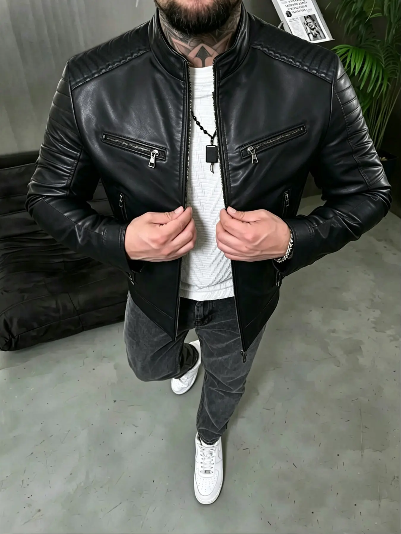 2026 Fall Winter Casual Stand Collar Trendy Leather Jacket, New Leather Wallet Chain Decoration Fake Pocket Motorcycle Coat, Youth Fashion Men's Outerwear