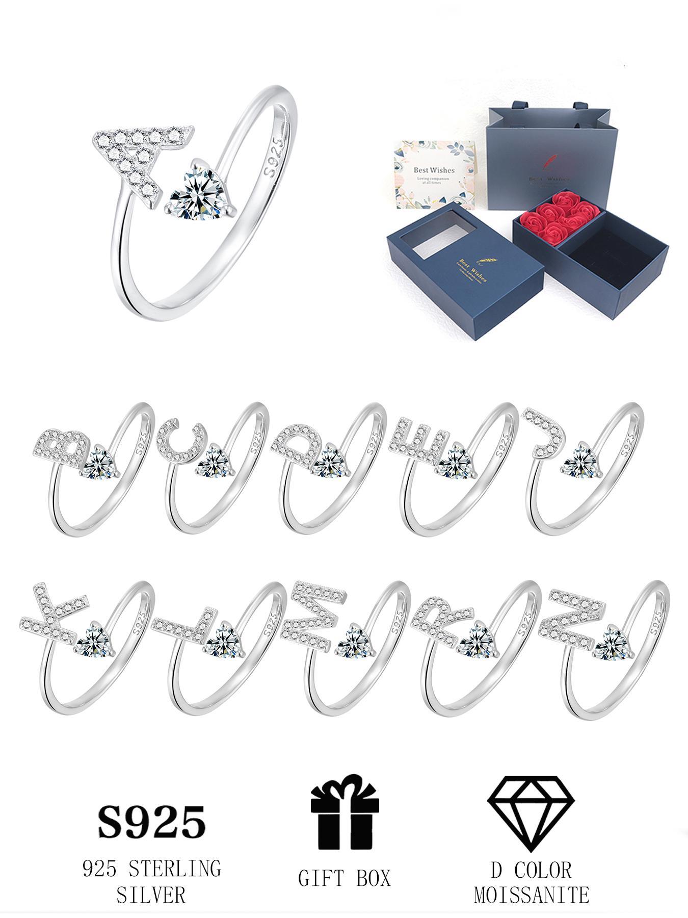 S925 Sterling Silver Letter Design Artificial Zircon Decor Cuff Ring, Fashion Jewelry for Party, Daily Decor, Trendy All-match & Exquisite Jewelry for Gift