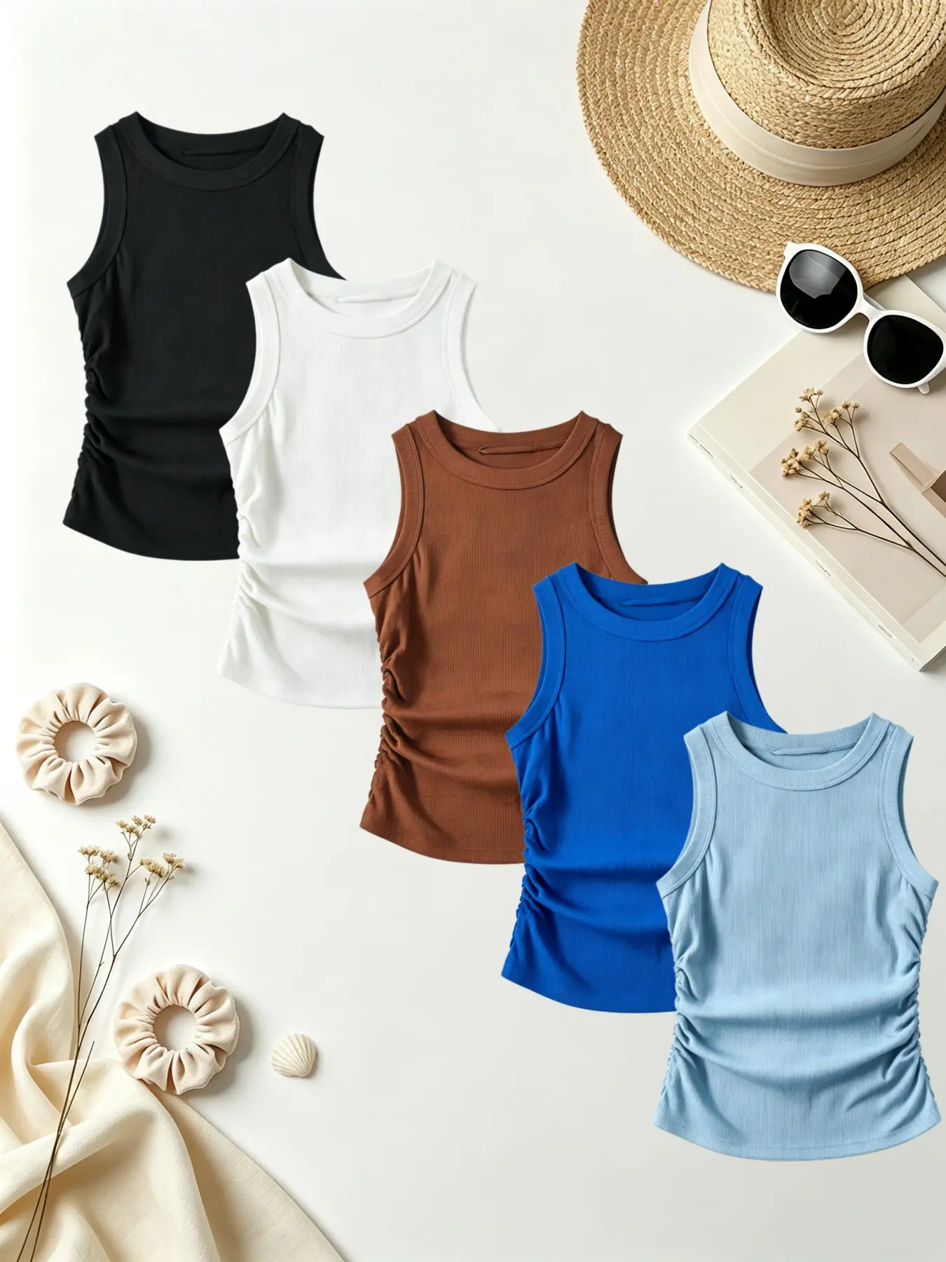 5-Pack Women's Solid Color Ribbed Sports Vest, Elastic Sleeveless Side Ruched Summer Basic T-Shirt, Casual Daily Wear, Layering and Sport
