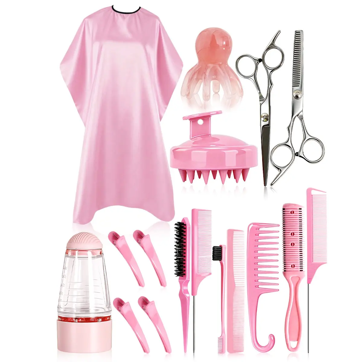 17-Piece Haircut Scalp Care Tool Set, Includes Haircut Scissors, Apron, Scalp Massager, Parting Comb, Hair Clips, Trimmer, Medicine Bottle, Hairdressing Tool Set, Salon Supplies, Barber Accessories