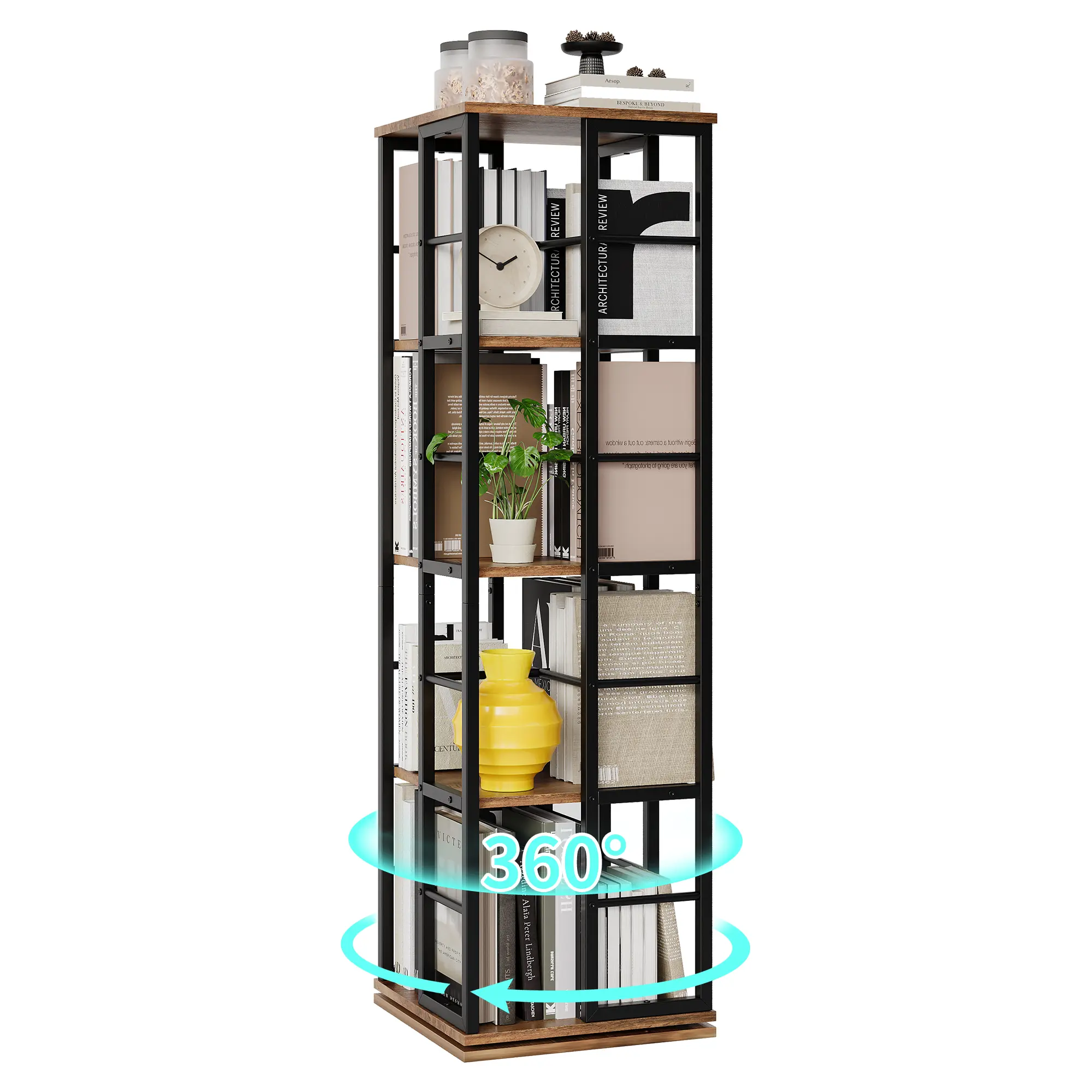 Garvee 4-Tier 360° Rotating Bookshelf Tower, Space-Saving Freestanding Corner Bookcase, Industrial Metal Frame Large Capacity Display Storage Rack for Living Room & Office, Black & Brown Options