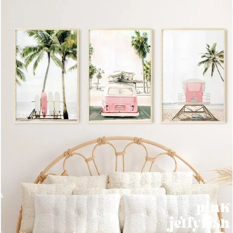 set of 3 beach prints, pink surfboard, van, palm trees print, printable wall art, girls wall decor, dorm wall decor
