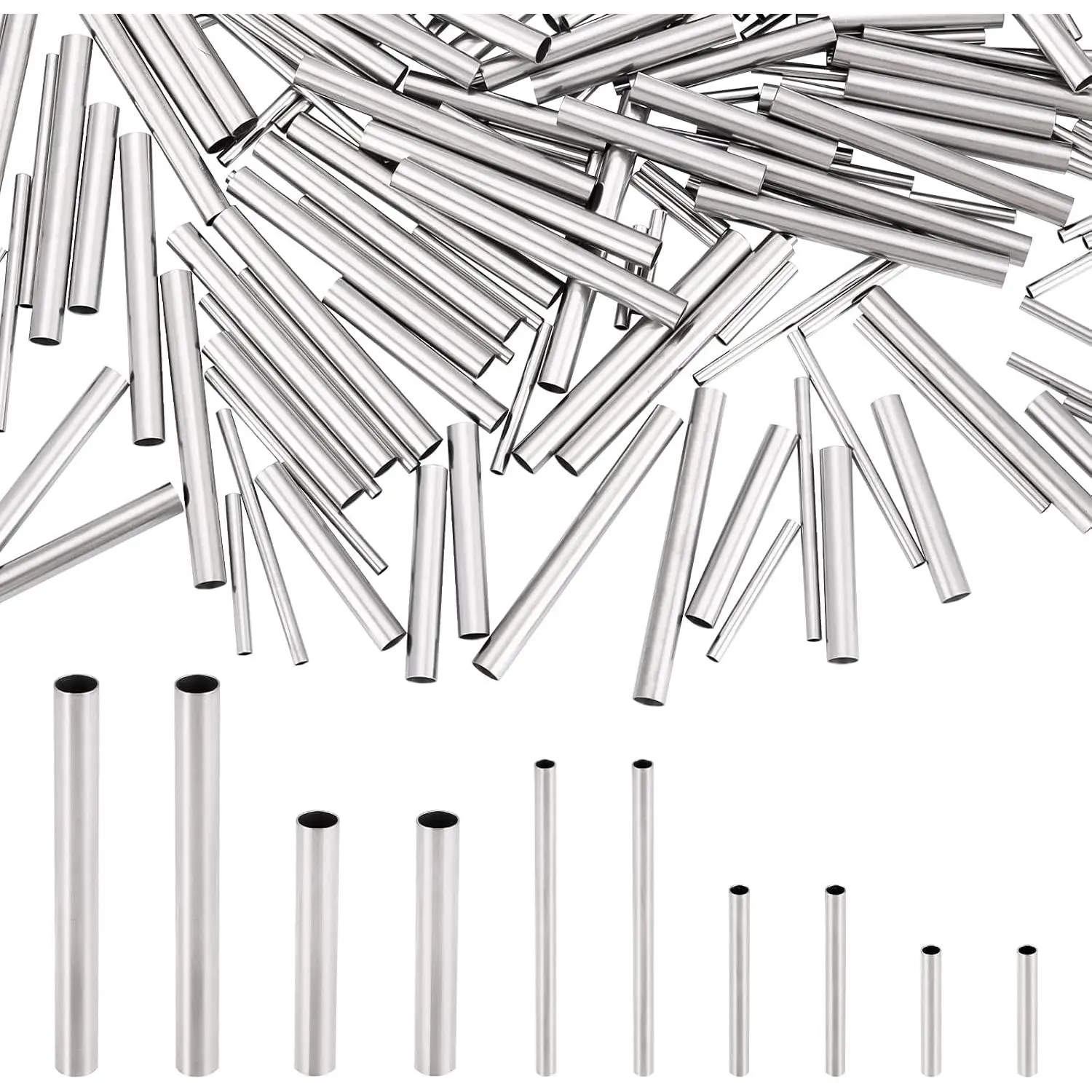 200 count 5 Sizes Metal Long Tube Beads 10mm/15mm/20mm/25mm/30mm Noodles Beads Stainless Steel Straight Tube Spacer Bead for  Making, Hole: 1-2.5mm