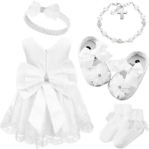 5 Pcs Baby Girl Baptism Outfit Includes Lace Christening Dresses Bowknot Headwear Cross Charm Bracelet Socks Shoes