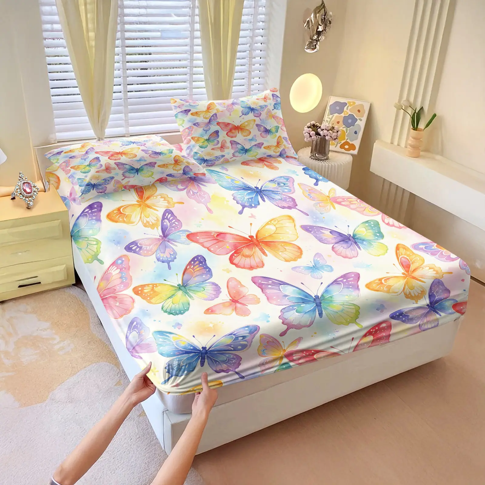 3Pcs Macaron Watercolor Butterfly Fitted Sheet Set, Dreamy Gradient Colorful Butterfly All-over Trendy Print, Soft Skin-friendly Microfiber Machine Washable, Elastic Snug Fit No Shifting, Healing Girly Bedroom Bedding For Spring Refresh
