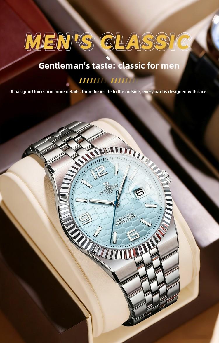Men's Luxury Silver Stainless Steel Quartz Watch - Ice Blue Textured Dial with Fluted Bezel, Date Display, Luminous Hands, Elegant Business Dress Wristwatch, Perfect Gift for Him