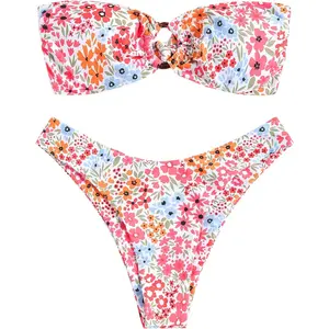 Women's Bandeau Bikini Ring Strapless Tie Back High Cut Two Piece Swimsuit Bathing Suits