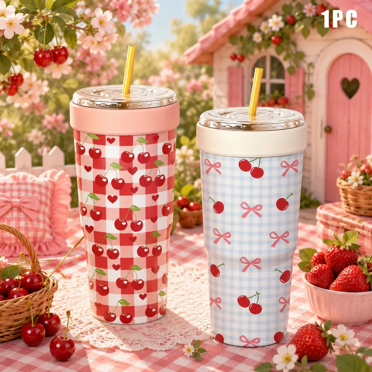1 Pc 32oz Cherry Bow Gingham Print 2-in-1 Insulated Can Cooler, With Tumbler Lid, Converts into 32oz Travel Tumbler, Insulated Tumblers, Double Wall Vacuum Stainless Steel, Fits 16-24oz To-Go Coffee & Bubble Tea Cups, Perfect for Christmas, Drinkware