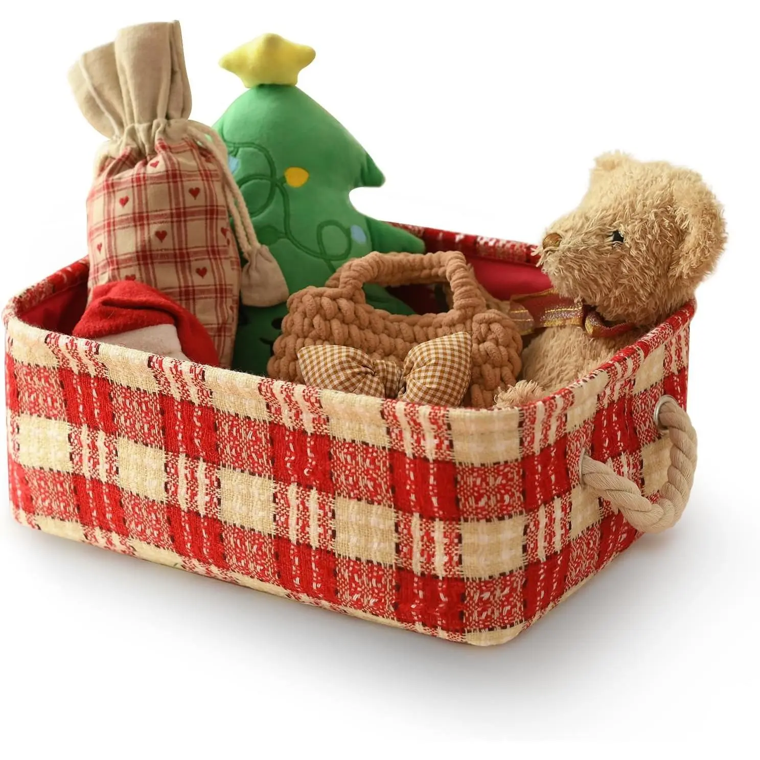 Empty Christmas Holiday Gift Baskets, Cute Collapsible Red Christmas Basket for Kids with Handles, Farmhouse Storage Container Book Bin