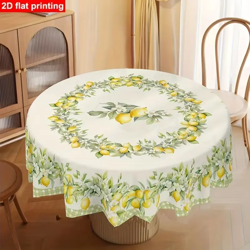 2D Flat Print Festive Party Tablecloth 1pc, Easy Maintenance, Lemon Color, Lemon Theme, Vintage Floral Buffalo Check Design, Vintage Pattern, Perfect for Indoor/outdoor, Holiday Parties, Home Decor