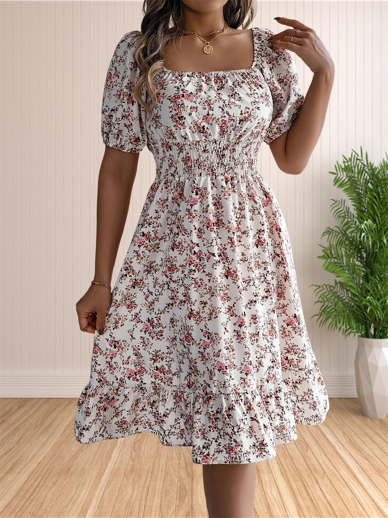 Women's Ditsy Floral Print Shirred Ruffle Hem Dress, Boho Fashion Cute Square Neck Puff Sleeve Knee Length Dress for Holiday Daily Wear, Ladies Dress for Summer