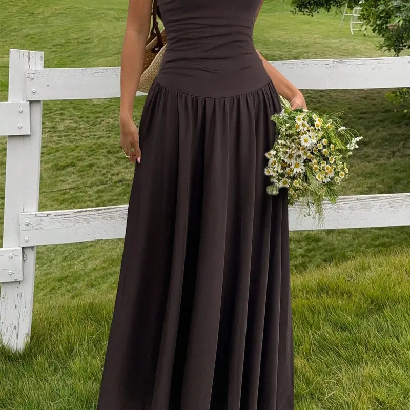 Women's Strapless Tube Maxi Dress, Ruched Waist, Flowy A-Line, Summer Casual Long Dress, Sleeveless, Loose-Fitting, Plain Pattern