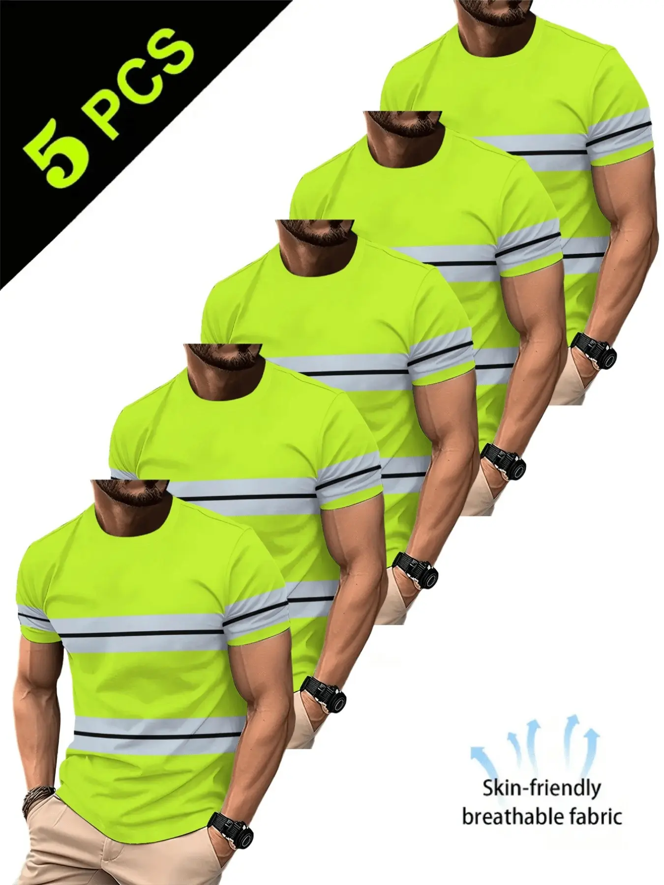 Five-Pack Fluorescent Men's Workwear Short Sleeve T-Shirt, Round Neck, Breathable, Fitted, Casual Style, Multi-Scene Use