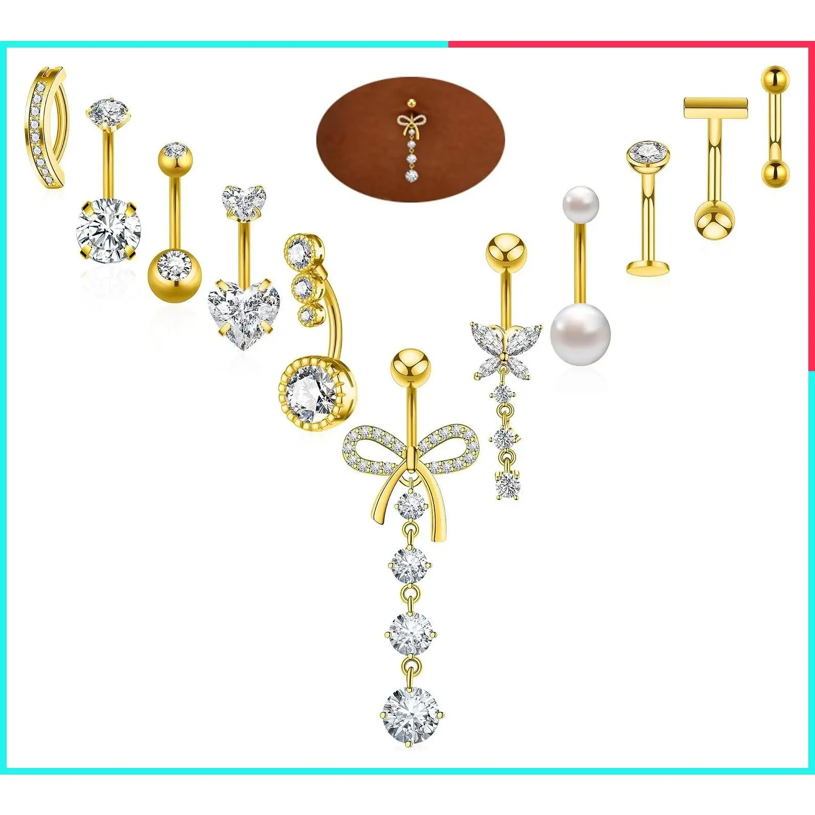 11 Pcs Gold Plated Silver Belly Button Rings Dangle Hypoallergenic Surgical Stainless Steel Navel Rings for Women CZ Floating Clicker Heart Butterfly Pearl Bow Dangly Piercing Jewelry