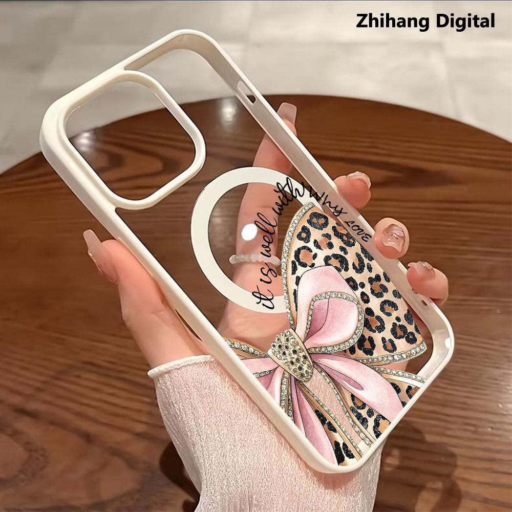 Leopard Print Bow Pattern Phone Case for iPhone 17 Pro Max Air 16 Plus 15 14Pro 13 12 11 Smartphone Magnetic Wireless Charging Compatible Protective MagSafe Support Shockproof Cover