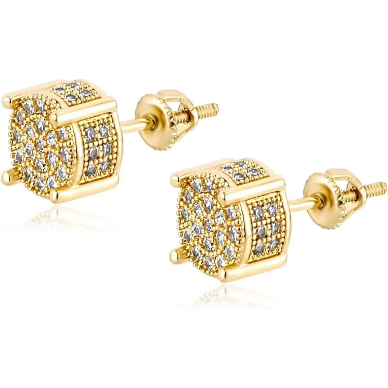 Screw  Earrings 14K Golden Plated 5A+ Cubic Zirconia Cluster Round Screw  Stud Earrings For Men Women Aretes De Hombre