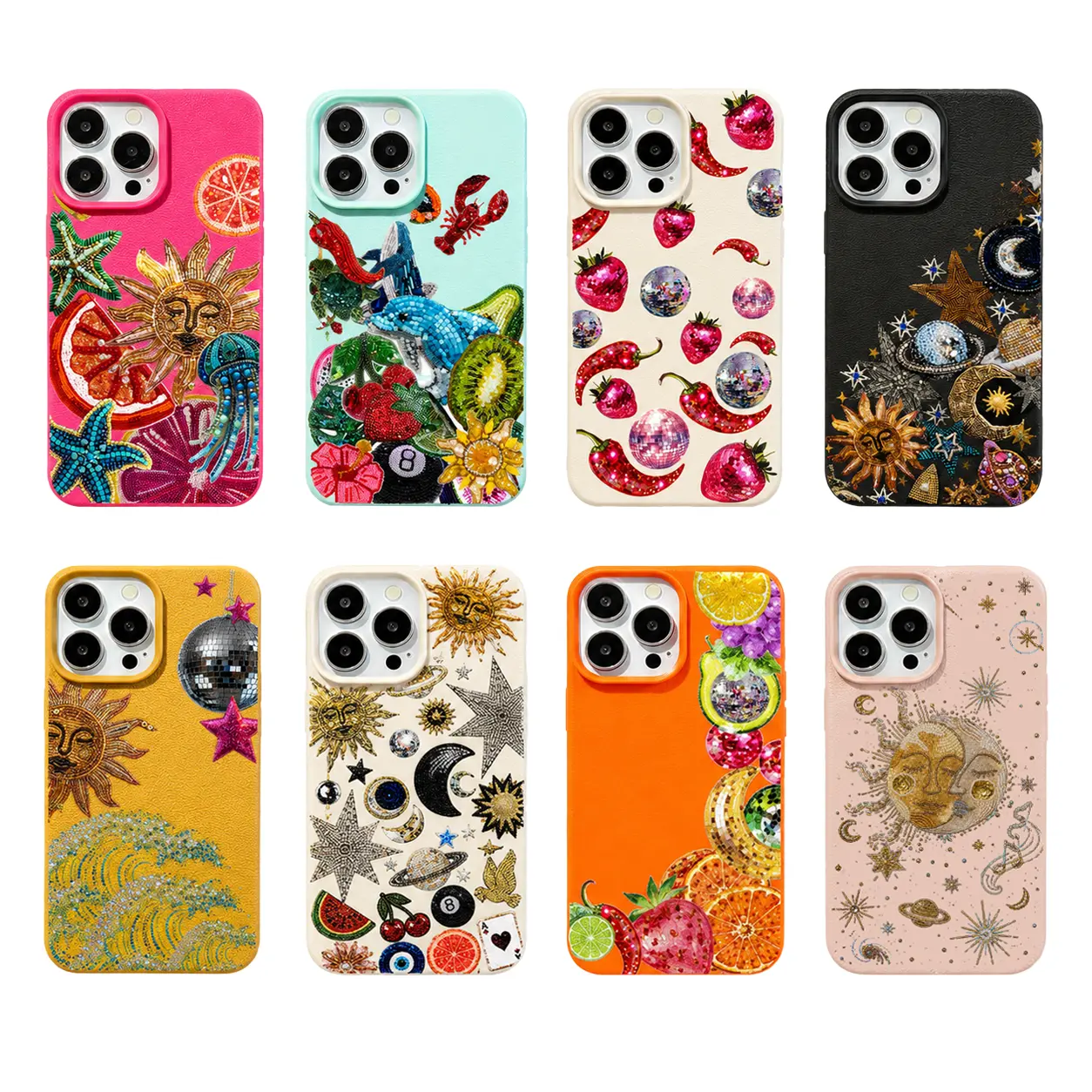 Vintage Rhinestone Sun Moon Star Phone Case For iPhone 12 13 14 15 16 17 Pro Max, Y2K Glitter Fruit Ocean Aesthetic Shockproof Protective Case #USYGDKPWLDCSZSCX1