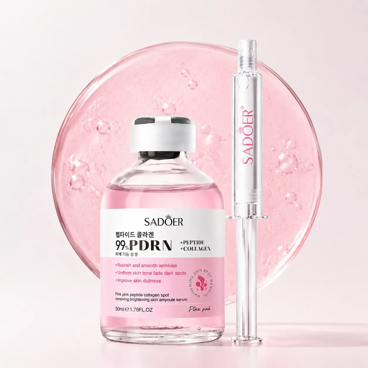 SADOER Pink PDRN Salmon Collagen Essence Ampoule, containing peptides and niacinamide, for brightening, moisturizing, smoothing, reducing fine lines, and firming. Korean skincare ampoule essence Anti Aging Serum, 1.76 fl. oz.