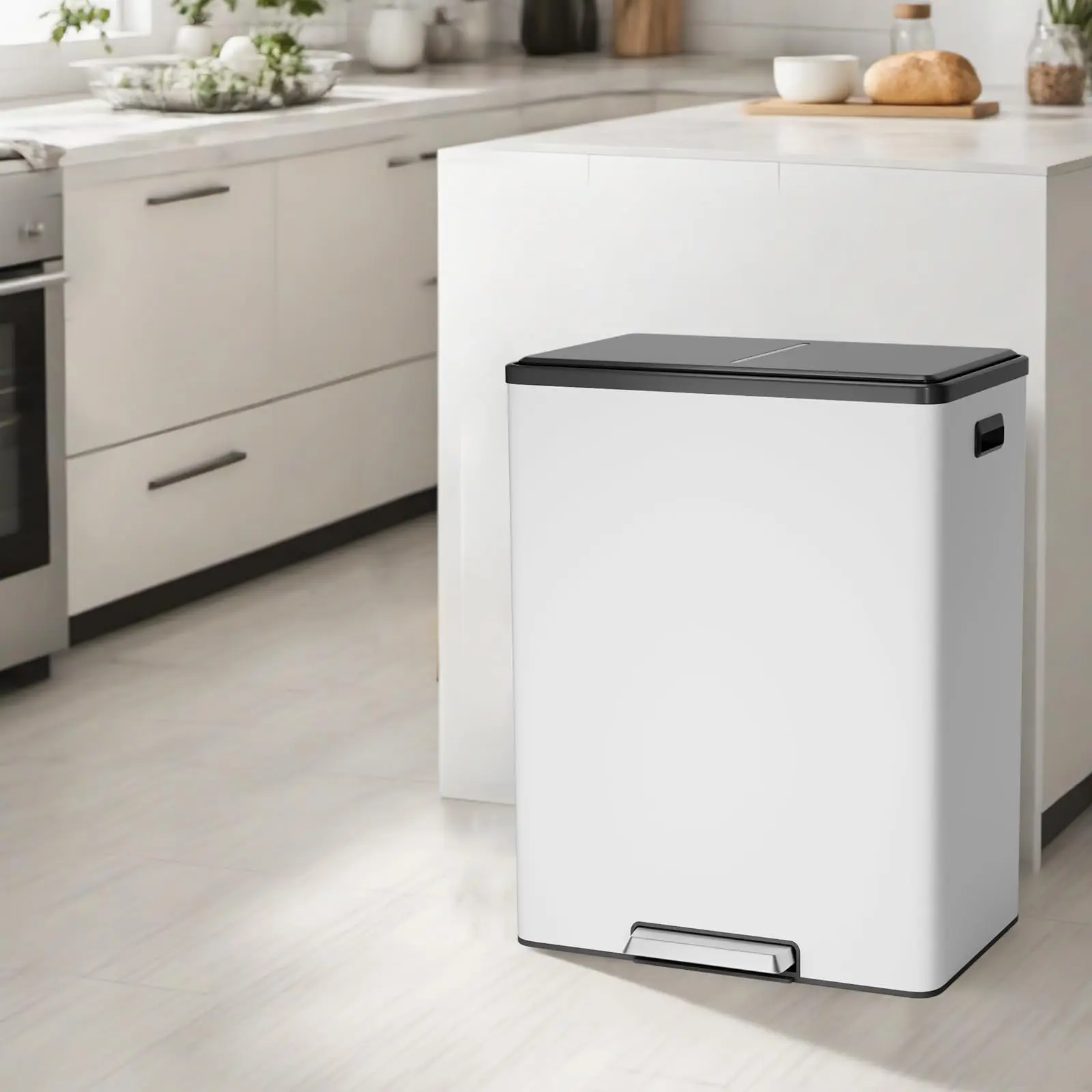 Garvee Step Dual Trash Can with 60L/16 Gallon Capacity, Large Stainless Steel Double Bin Featuring Lid and 2 Removable Wastebaskets, Step Pedal Operation for Convenient Kitchen and Bathroom Use