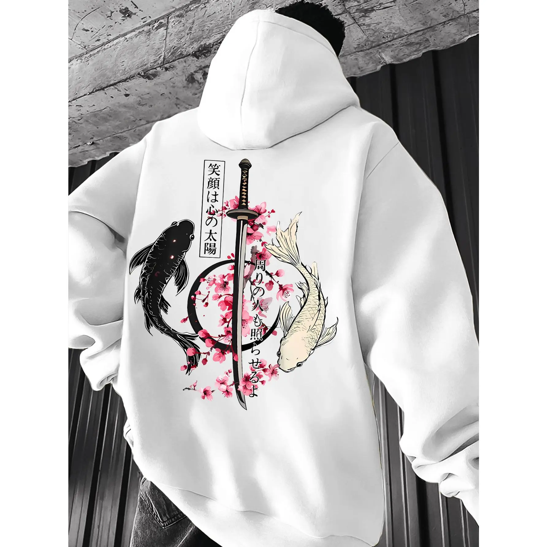 Japanese Style Hooded Sweatshirt for Men, Anime and Wind Style, Japanese Koi Fish Sakura Samurai Sword Graphic Casual Fitted Hoodie