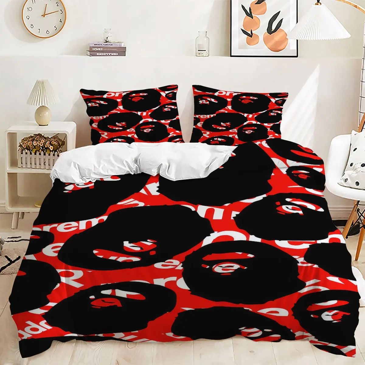 Ape Head White Text Pattern Duvet Cover Set, 2/3Pcs Bold Red Streetwear Bedding Set, Cozy Breathable, Machine Washable, Street Hype Teen Bedroom Decor. 1 or 2 Pillowcase, No Filling