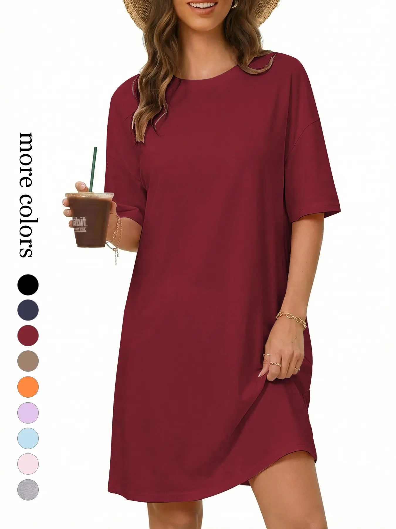 Round Neck Short Sleeve Women T-Shirt Dress with Side Pocket, Soft Knit Stretch Fabric, Loose Casual Summer Mini Dress for Loungewear and Daily, Basic