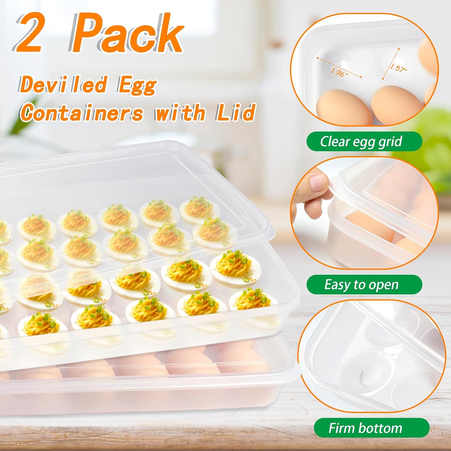 2 Pack Deviled Egg Containers with Lid,Clear Portable Storage Carrier Egg Holder,Stackable Plastic Egg Tray Carrier for Fridge,Kitchen,Keep (48 Eggs)