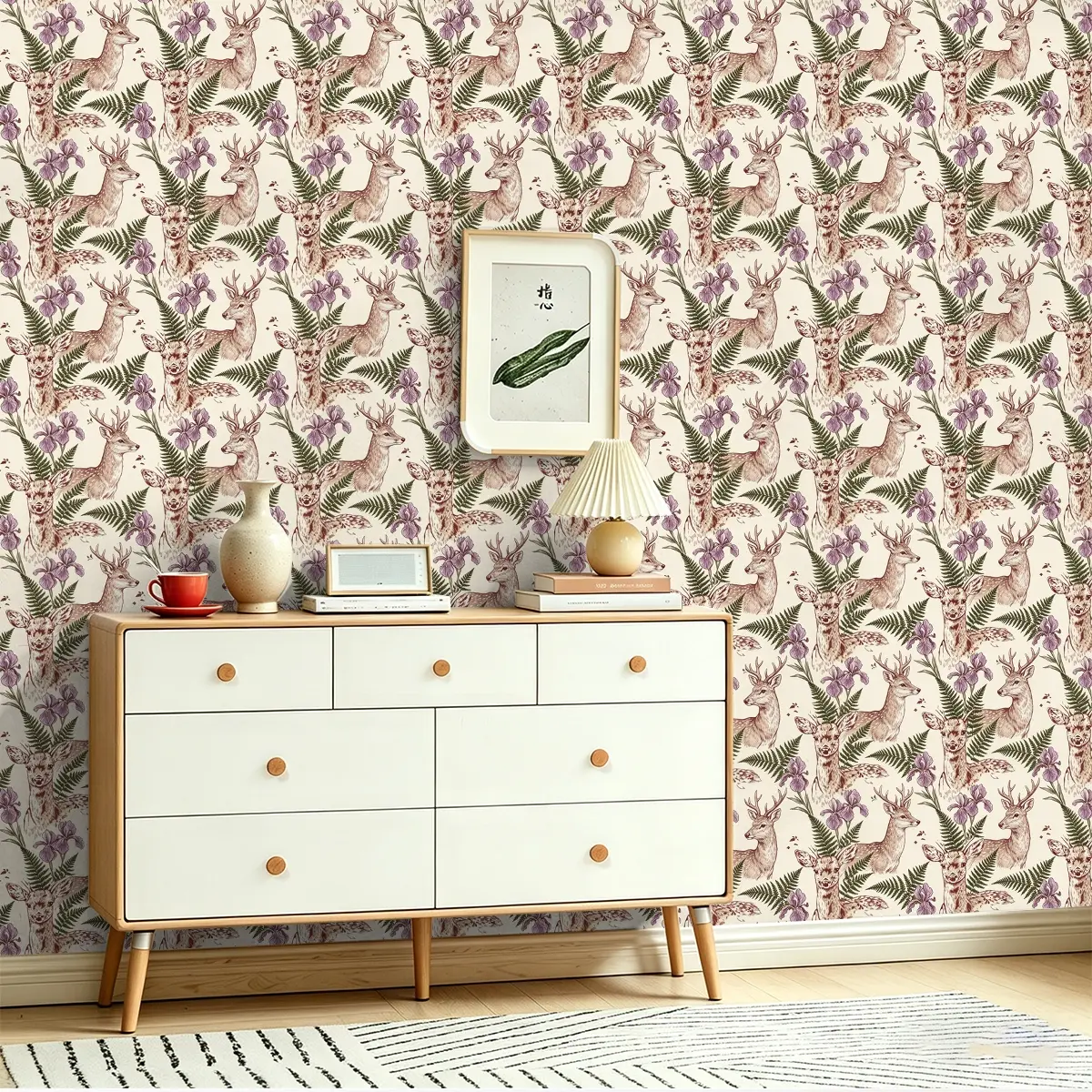 1 Roll Peel & Stick PVC Wallpaper,Retro forest deer herd pattern, Peel & stick self-adhesive wall decal, seamless repeat HD print covers worn walls, wallpaper for home, dorm, bar full-house decor