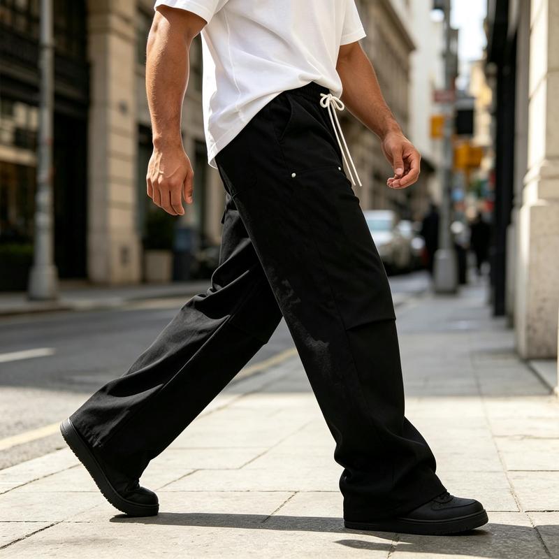 Men's Outdoor Work Pants with Multiple Practical Pockets, Rivet Details and Elastic Drawstring Waistband, Loose Straight Leg Work Pants, Suitable for Men's Casual Outings