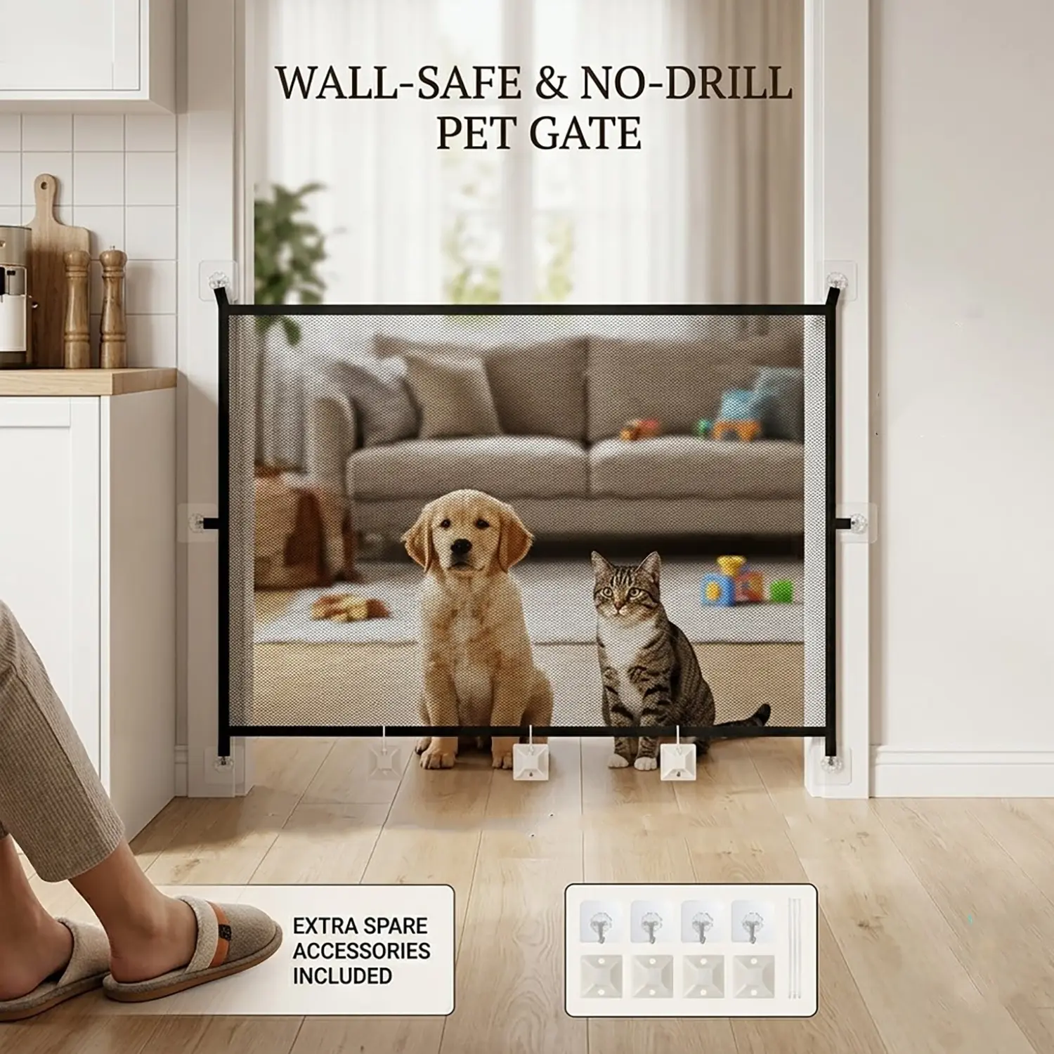1Set No-Drill Mesh Dog Gate for Doorways & Stairs - 43.3" x 28.3" Portable Safety Pet Barrier, Tool-Free Magic Gate for Puppies and Cats