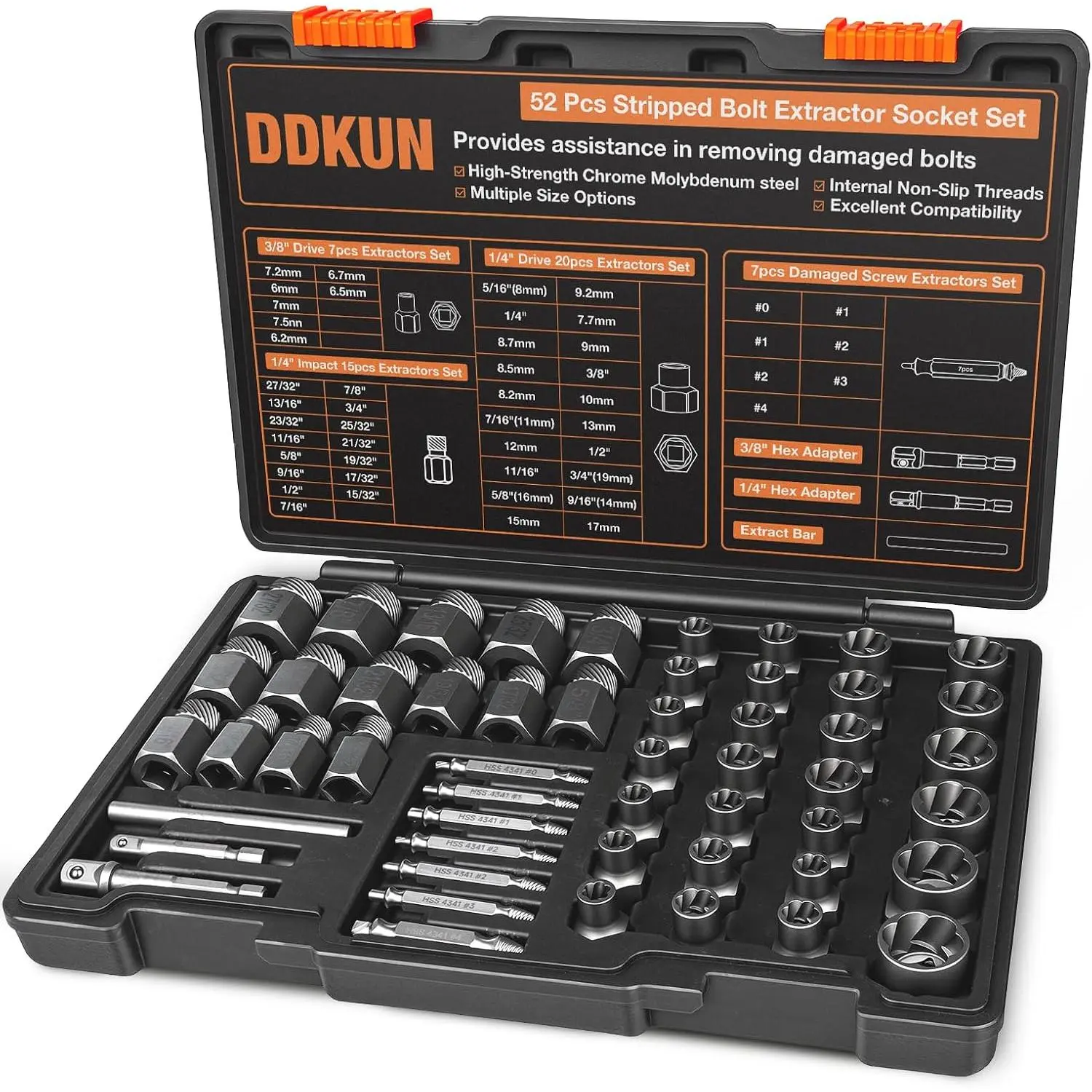 52 count Bolt Extractor Set & Screw Extractor Kit, Stripped Bolt Remover Socket Set, Easy Out Tool for Broken, Damaged, Rusted & Rounded , Nuts and Stripped Screws with Portable Storage Case