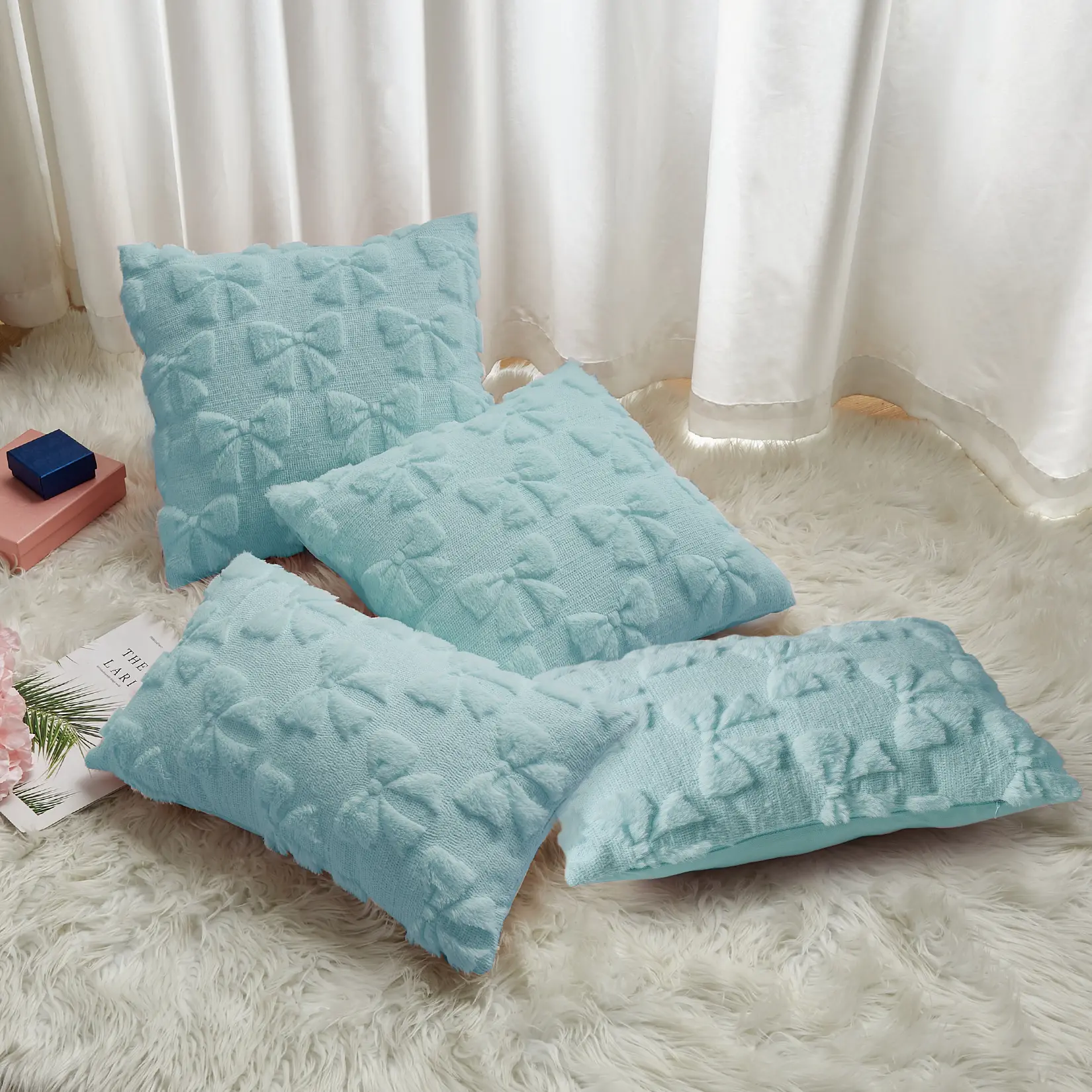 Coquette Bow Faux Fur Pillow Covers Set - Cozy Luxurious 4-Pack Square/Lumbar Home Decor for Living Room, Bed - 18x18 In Square & 20x12 In Lumbar Soft Accent for Sofa/Couch, Cute Preppy Room Decor, Bow Accents