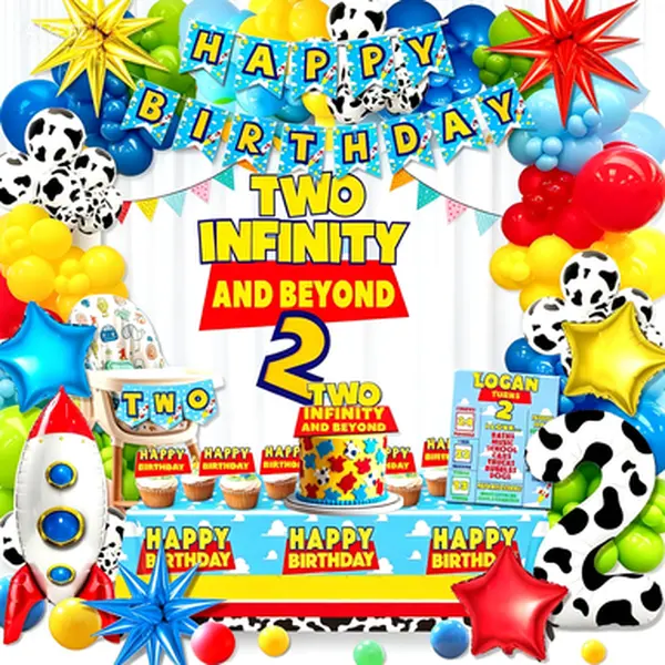 2nd Birthday Party Decorations for Boys, 125 Pieces Space Theme Party Supplies Including Balloons, Backdrop Banner, Tablecloth, Cake Topper, Cartoon Story Design for Two Infinity and Beyond Bday