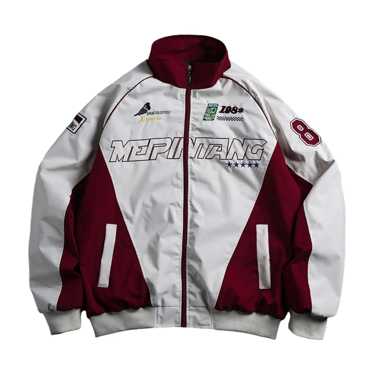 Men's Vintage Racing Jacket, Embroidered Patch Colorblock Full Zip Windbreaker, Oversized Streetwear Moto Biker Style, Stand Collar Ribbed Cuffs and Hem, Two Slant Pockets, Casual Fall Outerwear for Daily Street Concert Outfits, 100% Polyester