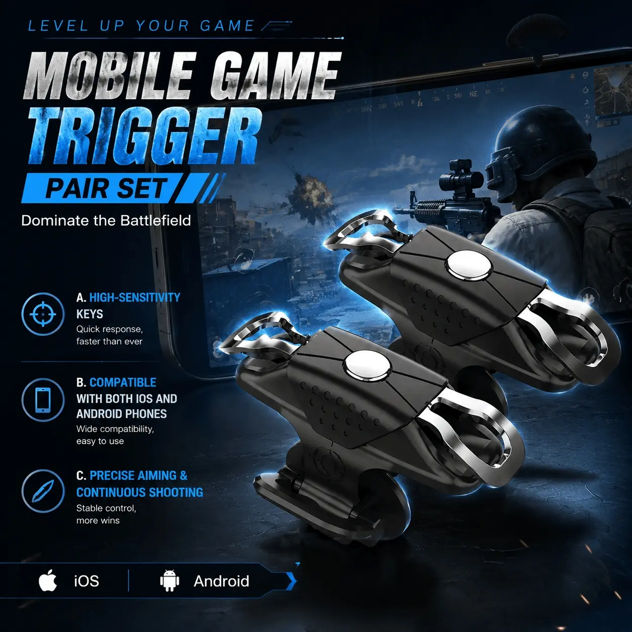 Upgrade Your Mobile Gaming: High-Sensitivity ABS Triggers for iOS & Android, Gaming Accessory. Easy Install, Quick Setup. Enhance Aim Precision, Firing Speed & Comfort. Compatible with Top FPS/Battle Royale Games. Level Up Your Experience!