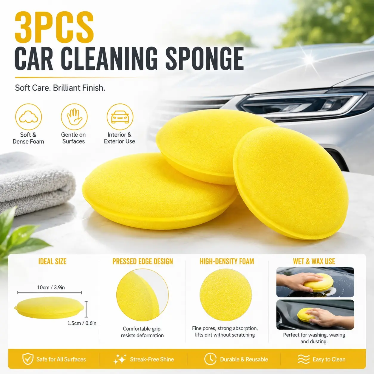3 Piece High Density Car Sponge Set, Car Wash Sponges, Car Wash Accessories, Wash Wax Polish All-In-One, Save Money on Professional Detailing, Effective Car Care Tools
