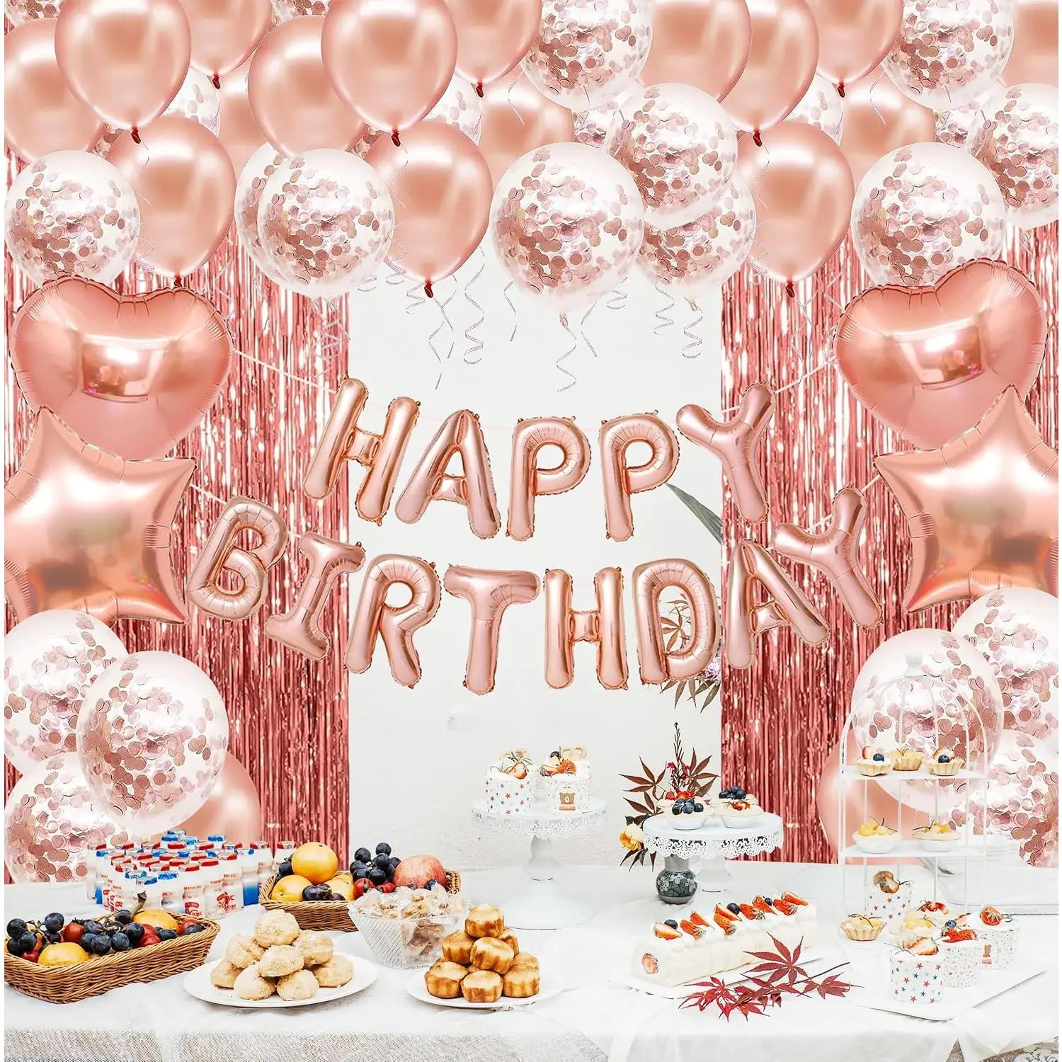 Rose  Happy Birthday Decorations for Women Girls,  Happy Birthday Banner, Foil Heart  Confetti Balloons, Fringe Curtain Decor Backdrop