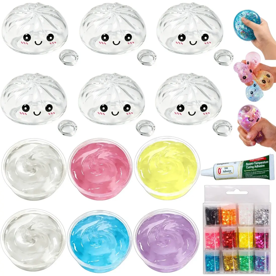 Emoji Squishy Bun Dumpling Stress Ball Kit, Includes Slime, 12 Color Glitter, 6 Blank Skins, DIY Pressure Ball Set for Adults, Relaxing Soft Ball Maker