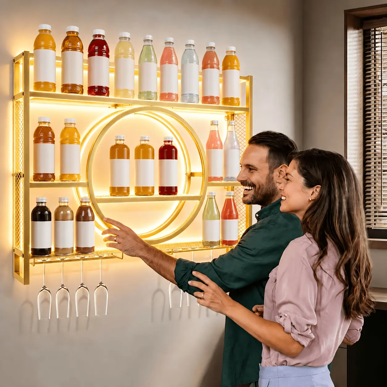Metal Wall Hanging Wine Rack with LED Lights, 47.2-55.1in Solid Frame, Multi-Level 3-Tier Glass & Stemware Shelves, Includes Hardware for Kitchen, Bar, Thick Iron