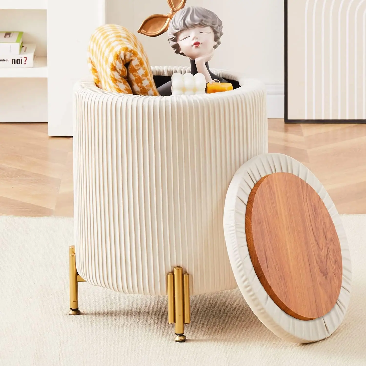 Round Ottoman Foot Stool with Storage and Metal Legs for Living Room Bedroom, Velvet Upholstered Footrest Stool Support 300lbs Modern Padded Seat Ottoman Coffee Table (Cream)