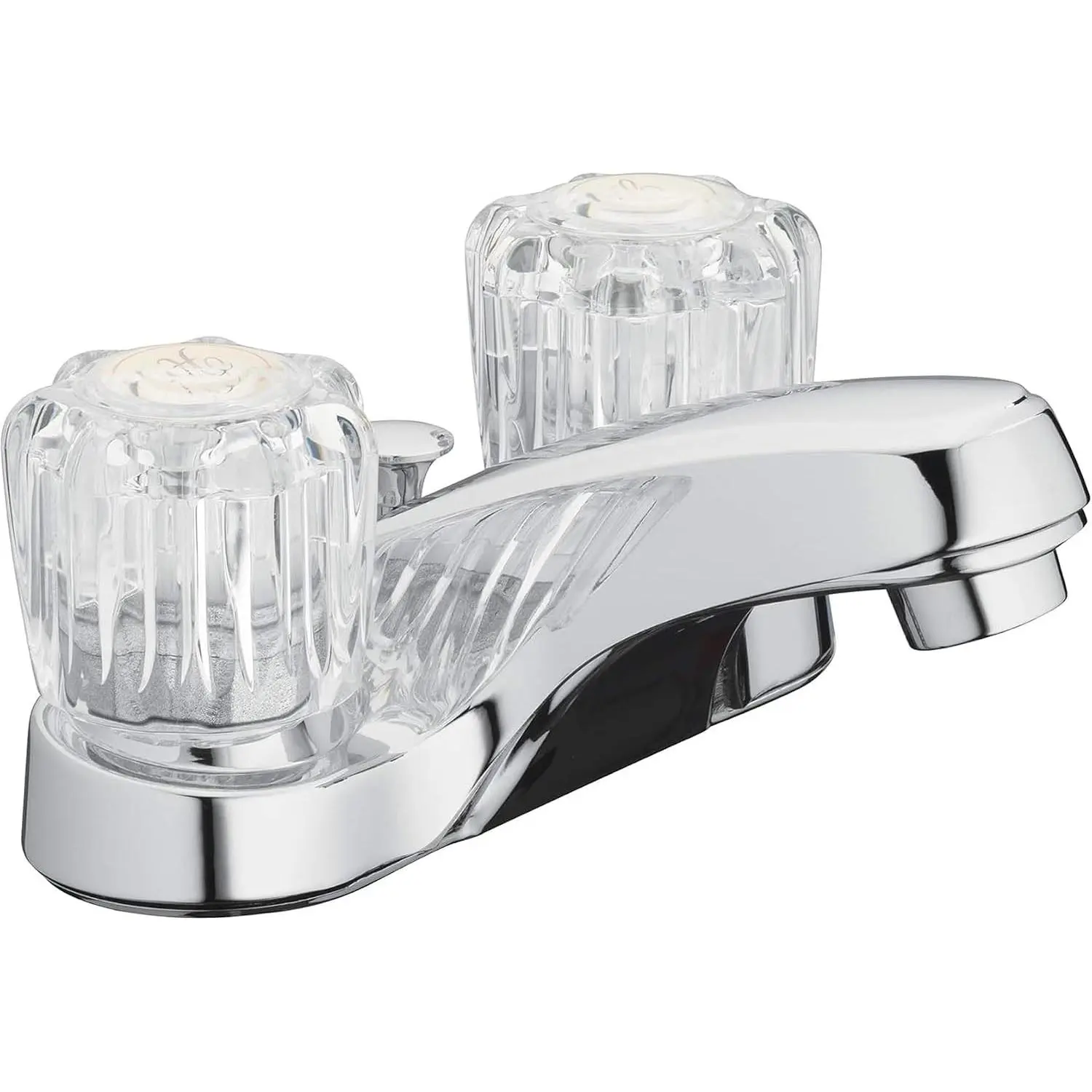 Aqua Vista Two-Handle Chrome Bathroom Sink Faucet, Acrylic Handles, 1.2 GPM Flow, 3-Hole Install, Low-Arc Spout, Pop-Up Drain Included