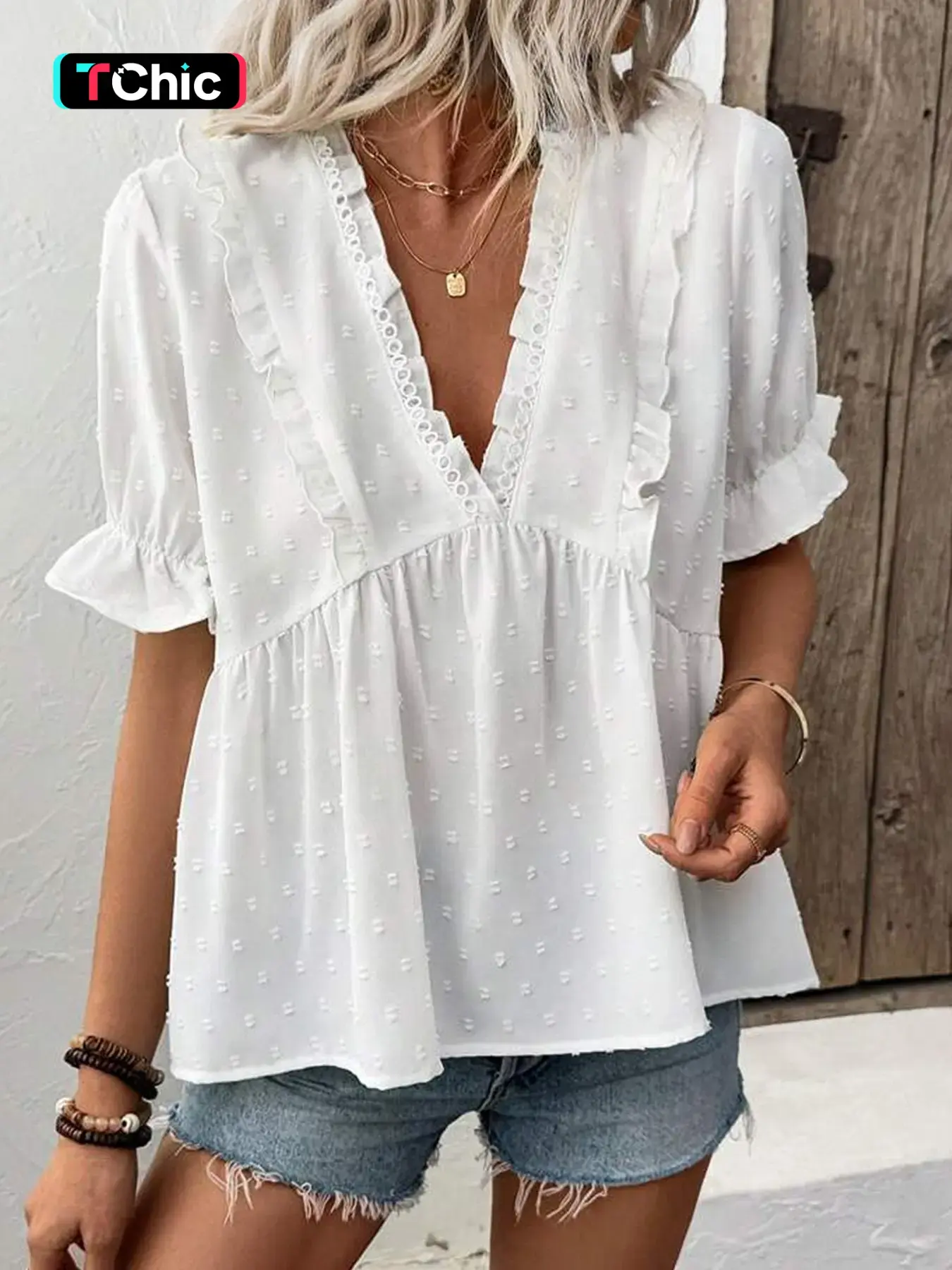 Puff Short Sleeve Vneck Casual Loose Tops Women Solid Peplum Daily Wear Blouse Top Ruffles Shirts Boho Chic Sleeve