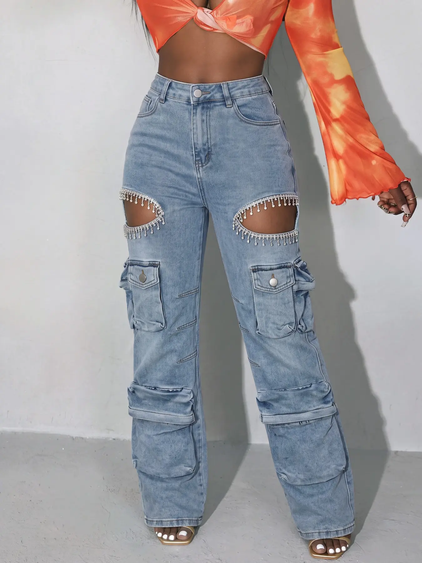 Women's Elastic Washed Casual Trendy Hand-Stitched Rhinestone Multi-Pocket Fitted Straight Leg Jeans, 2026 New Workwear Denim Jeans